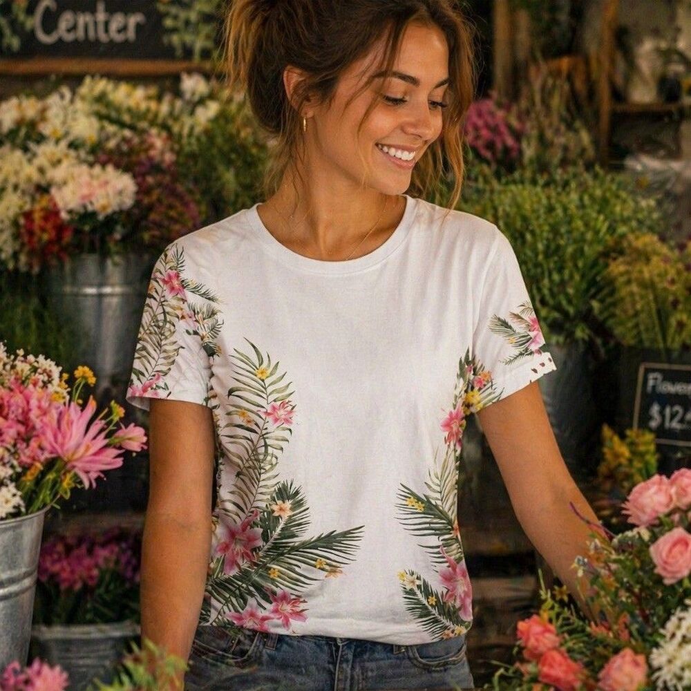 Threadbare T-Shirt Womens XL White Tropical Floral Print Crew Neck Short